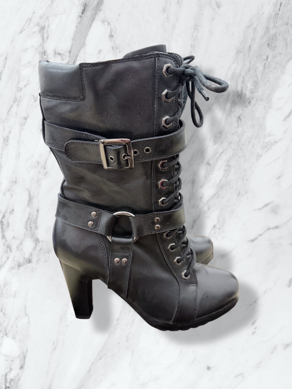 Xelement Lace-Up Buckle Heeled Ankle Boots - Black